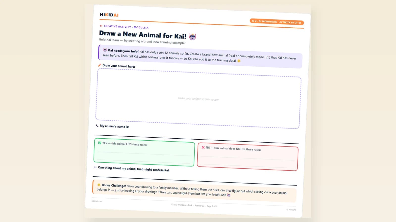 Draw a New Animal for Kai — the matching K–2 printable activity from the paid pack