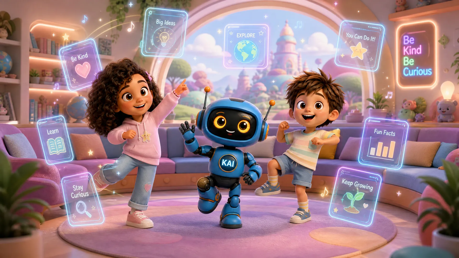 Kai the robot dancing with Zara and Milo in the cozy Learning Nook, surrounded by floating holographic learning cards